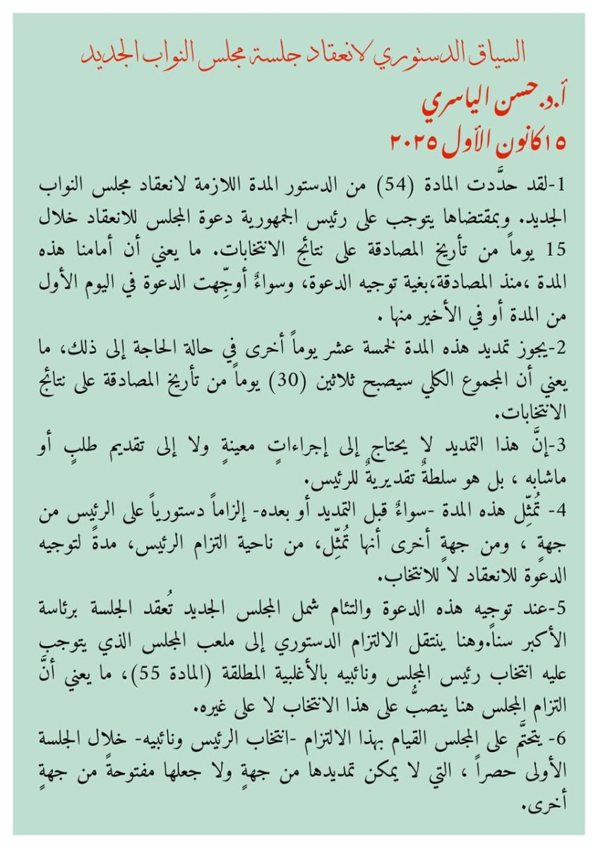 السياق الدستوري لانعقاد جلسة مجلس النواب الجديد 