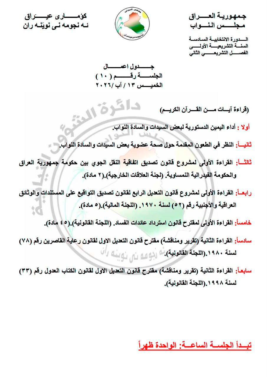 جدول أعمال جلسة الخميس للبرلمان بعد تغييره