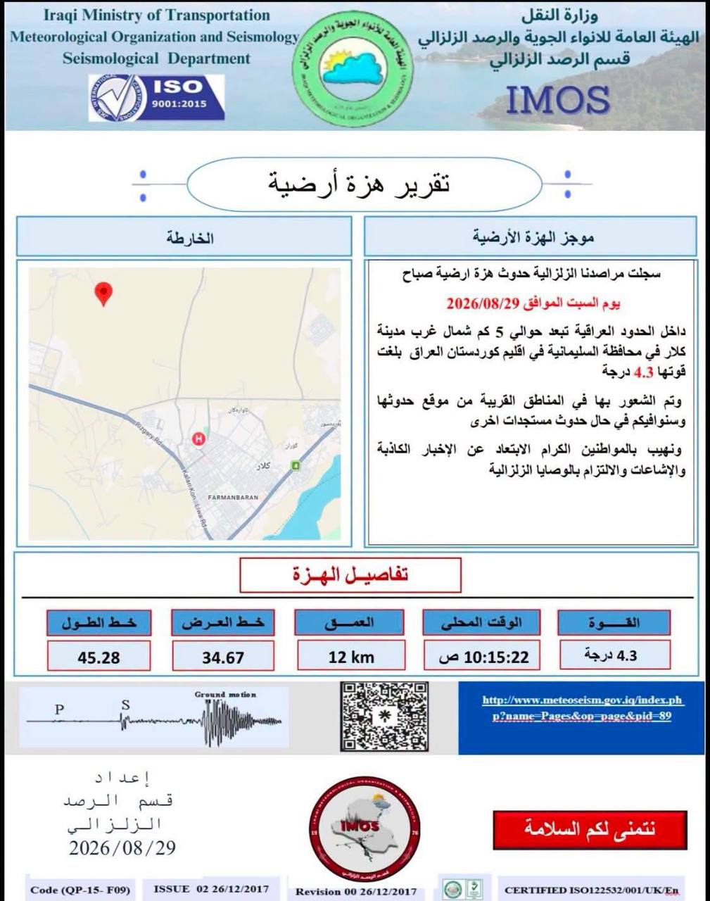 الانواء الجوية:تسجيل هزة أرضية صباح اليوم السبت بقوة 4.3 درجات على مقياس ريختر داخل الحدود العراقية شمال غربي مدينة كلار