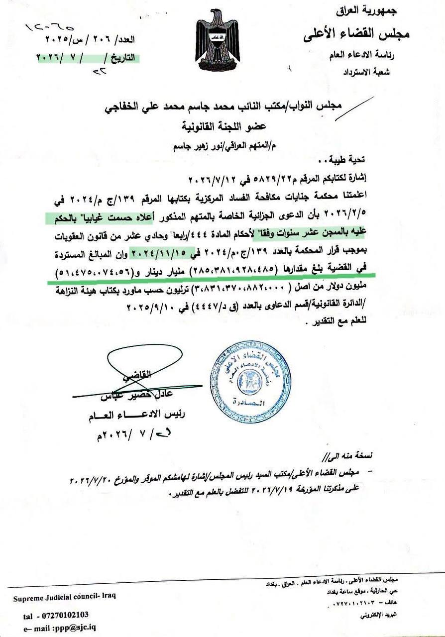 النائب محمد جاسم الخفاجي: من الممكن شمول نور زهير بالعفو حال سداده كامل المبلغ المستحق