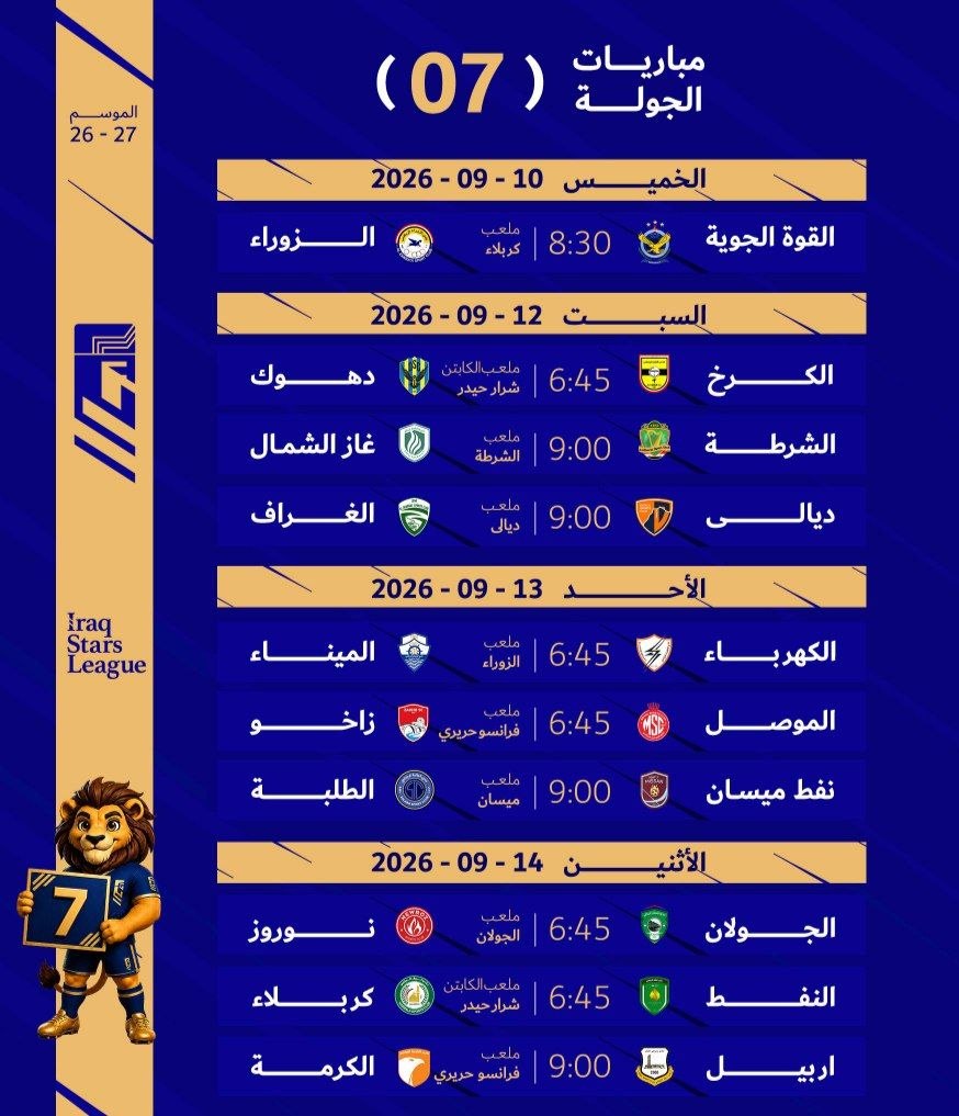 مباريات الجولة السابعة من دوري نجوم العراق