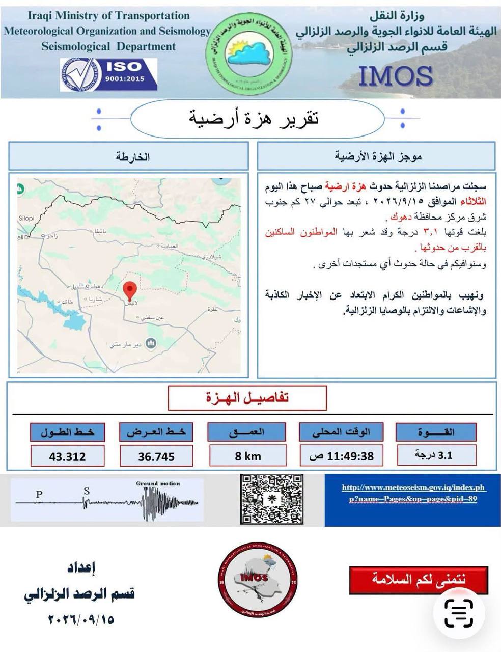 هزة أرضية بقوة 3.1 درجة جنوب شرق مركز محافظة دهوك