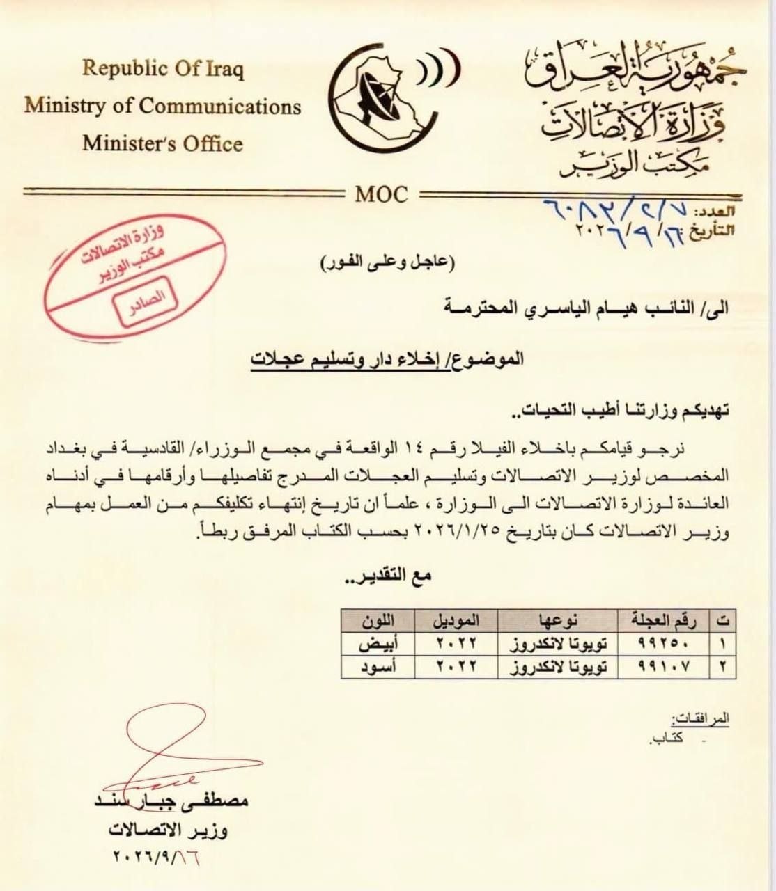 الاتصالات تدعو الوزيرة السابقة هيام الياسري باخلاء الفيلا التي تقيم فيها كونها مخصصة للوزير