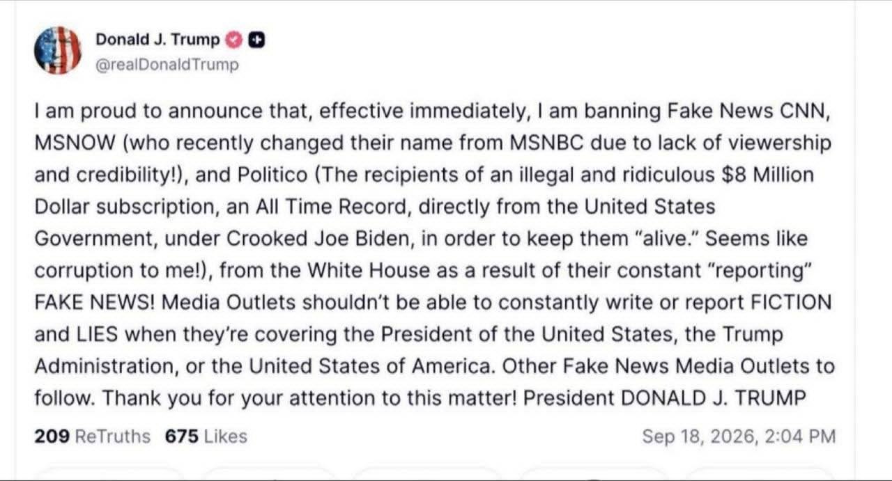 ترامب يعلن حظر شبكتي “CNN” و”MSNOW” وصحيفة “Politico” من دخول البيت الأبيض،متهماً إياها بنشر “أخبار زائفة” وأكاذيب عن إدارته