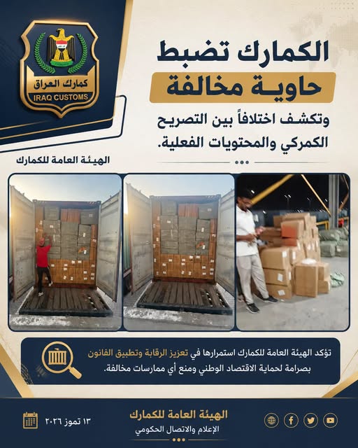 الكمارك تضبط حاوية مخالفة وتكشف اختلافاً بين التصريح الكمركي والمحتويات الفعلية.