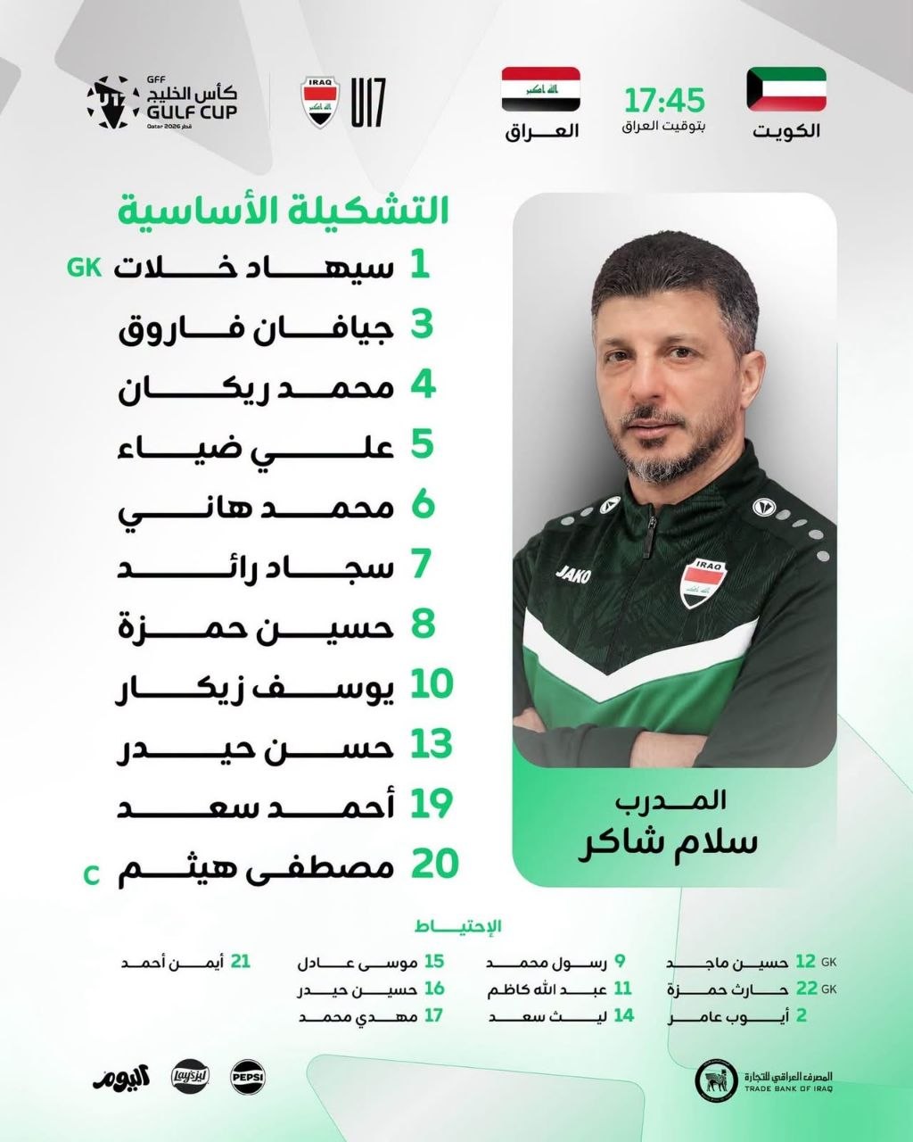 تشكيلة منتخبنا للناشئين لمواجهة نظيره الكويتي، في ملعبِ حمد بن خليفة ضمن منافسات بطولة كأس الخليج