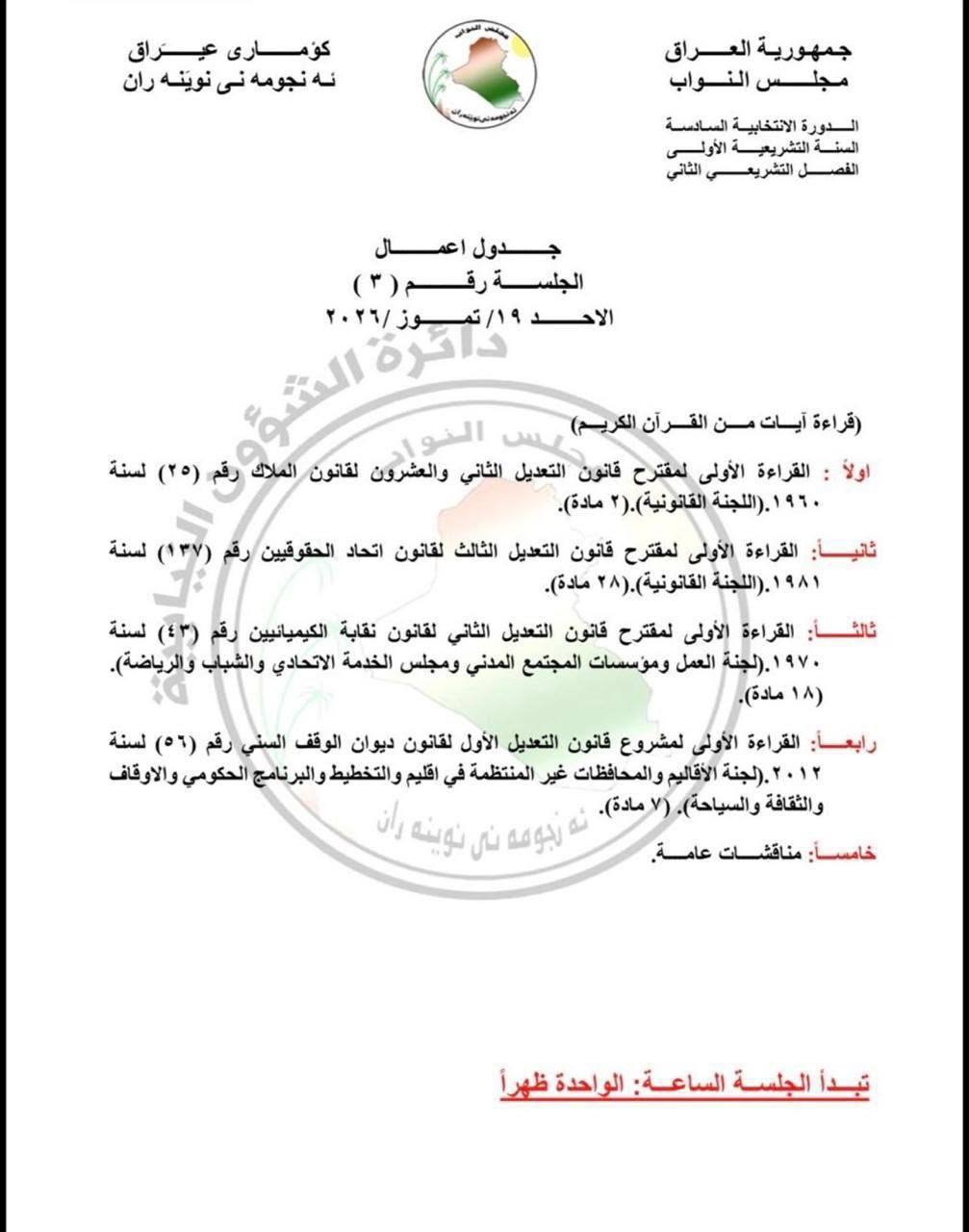 جدول اعمال مجلس النواب ليوم الاحد المقبل