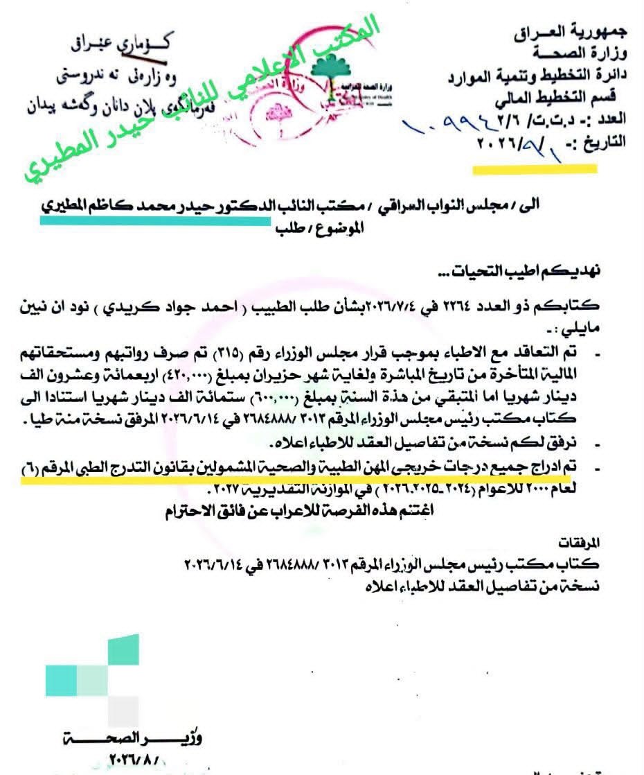 النائب حيدر المطيري: وزارة الصحة تحتسب 600 الف شهرياً للأطباء المتعاقدين وتدرج درجات ذوي المهن الطبية والصحية ضمن الموازنة التقديرية