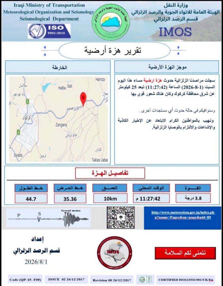 الأنواء الجوية والرصد الزلزالي تعلن تسجيل هزة أرضية بقوة 3.8 درجات